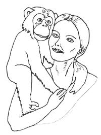Scimpanzé sulla spalla di una donna