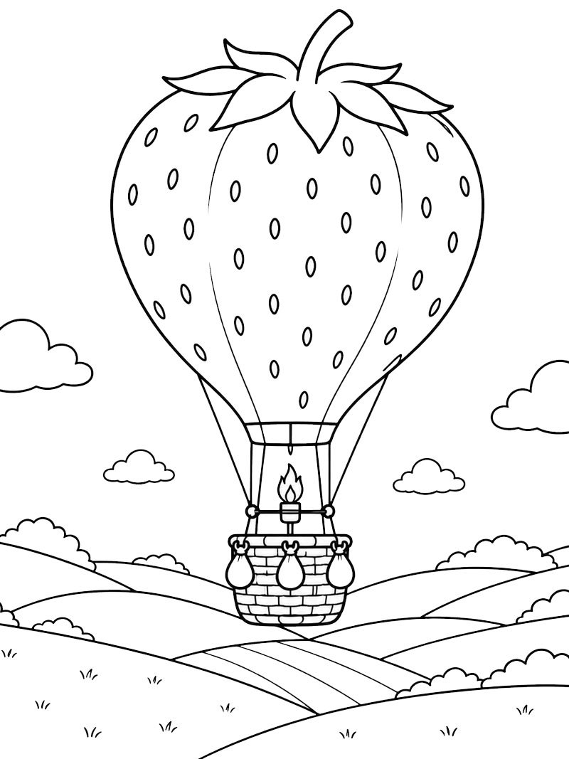 Mongolfiera a forma di fragola in campagna disegno da colorare Mongolfiera a forma di fragola in campagna disegno da colorare