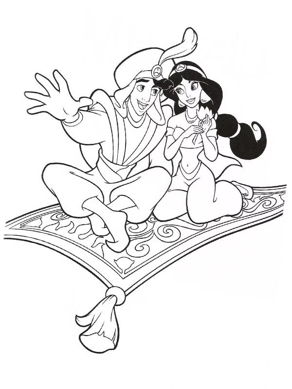 Aladino e Jasmine sul tappeto volante disegno da colorare