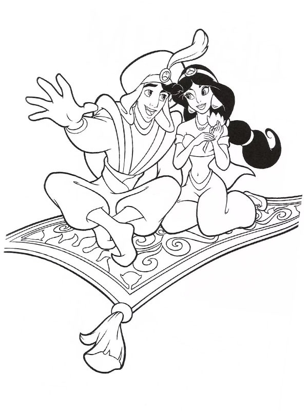 Disegni da colorare di Aladino e Jasmine sul tappeto volante