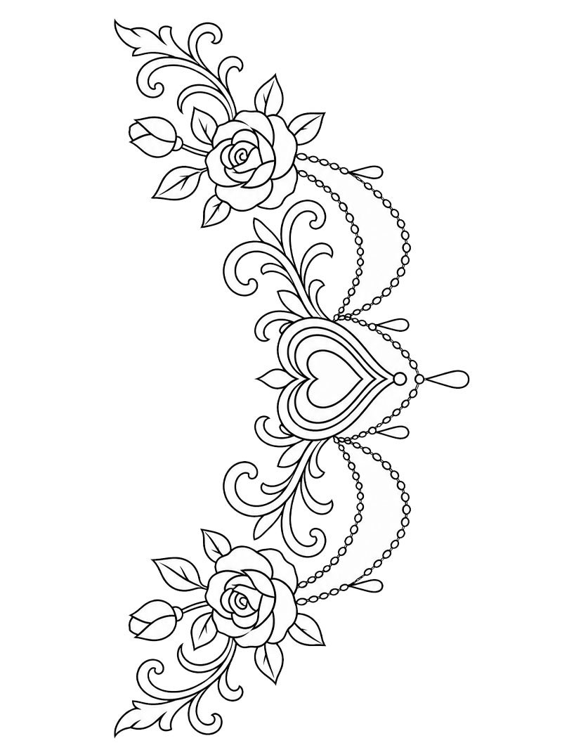 Tatuaggio sul petto: cuore e rose disegno da colorare Tatuaggio sul petto: cuore e rose disegno da colorare