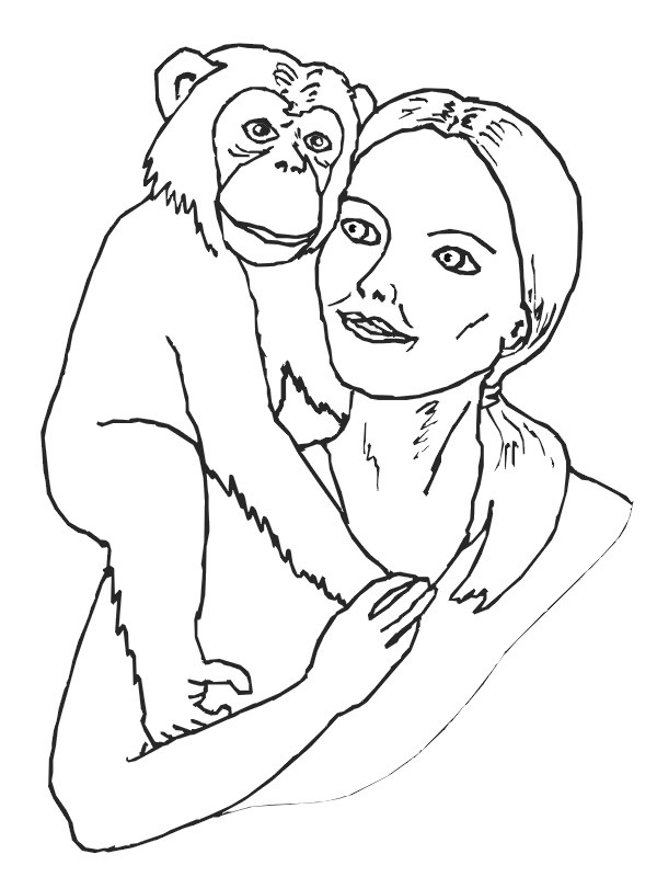Scimpanzé sulla spalla di una donna disegno da colorare
