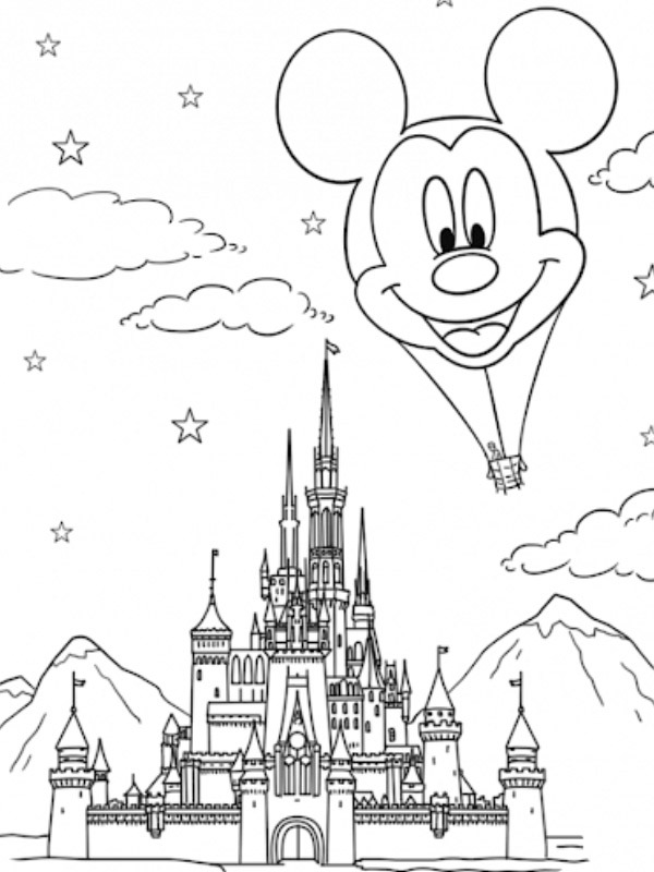Castello di Disneyland con la mongolfiera di Topolino disegno da colorare