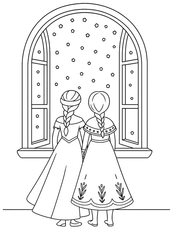 Elsa e Anna guardano la neve che cade disegno da colorare Elsa e Anna guardano la neve che cade disegno da colorare
