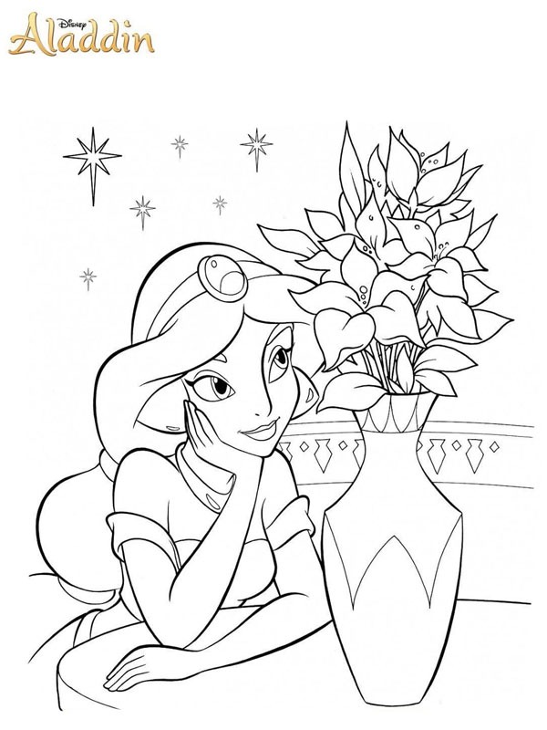 Jasmine che guarda un vaso di fiori disegno da colorare
