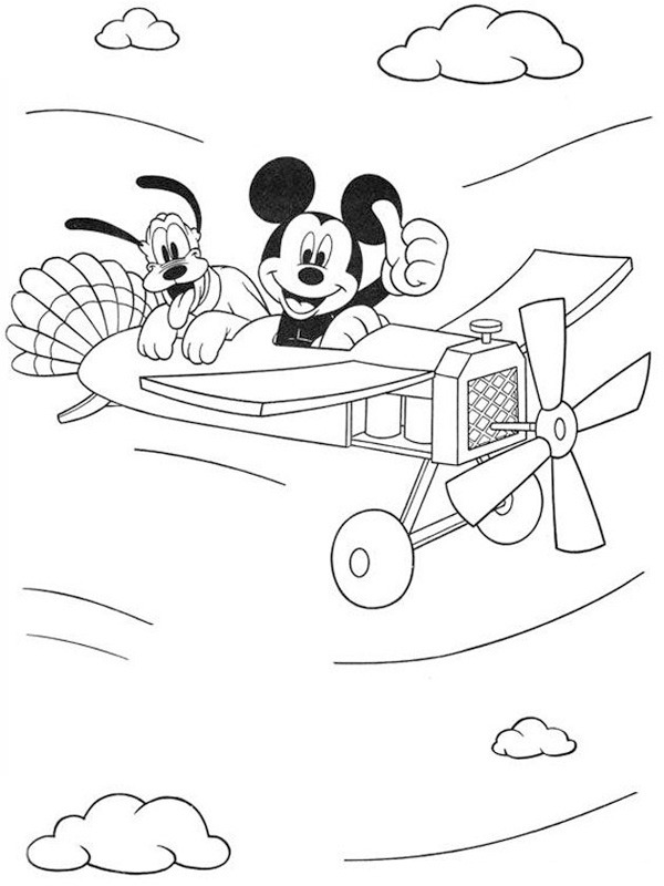 Topolino e Pluto sull'aereo disegno da colorare