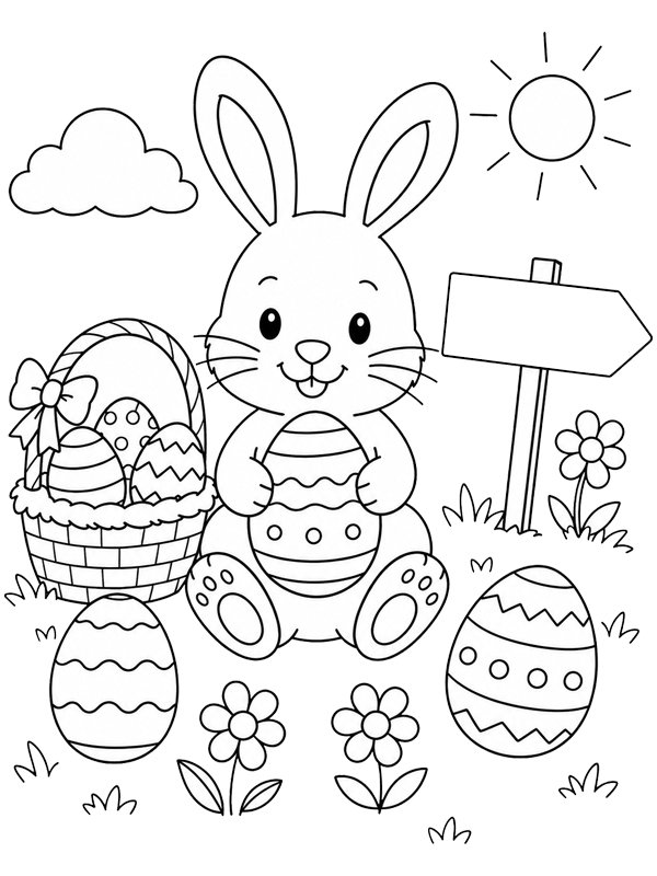 Simpatico coniglietto pasquale con uova e fiori disegno da colorare