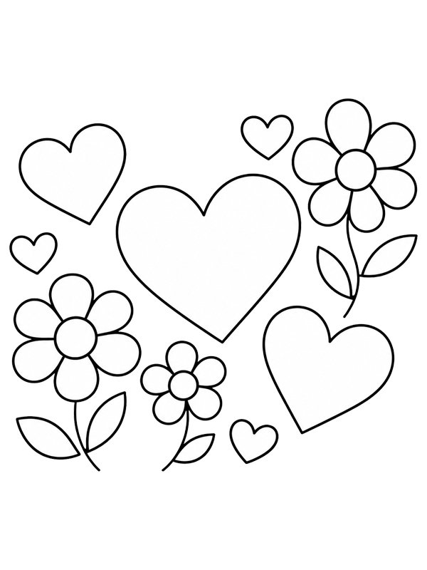 Cuori e fiori semplici disegno da colorare